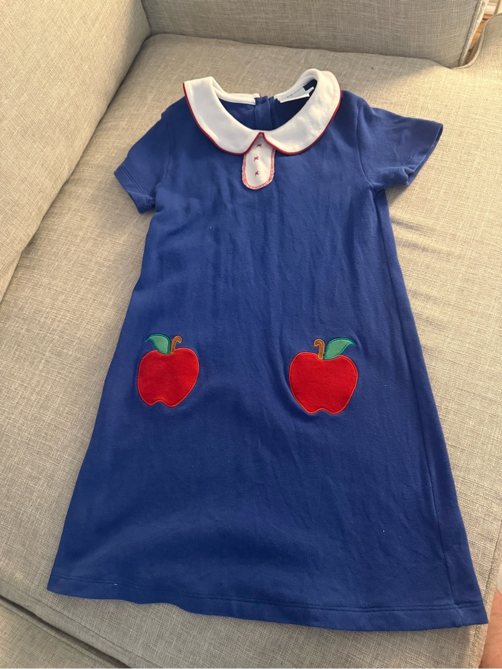 Little English Blue Dress with White Collar and Red Apple Appliqués